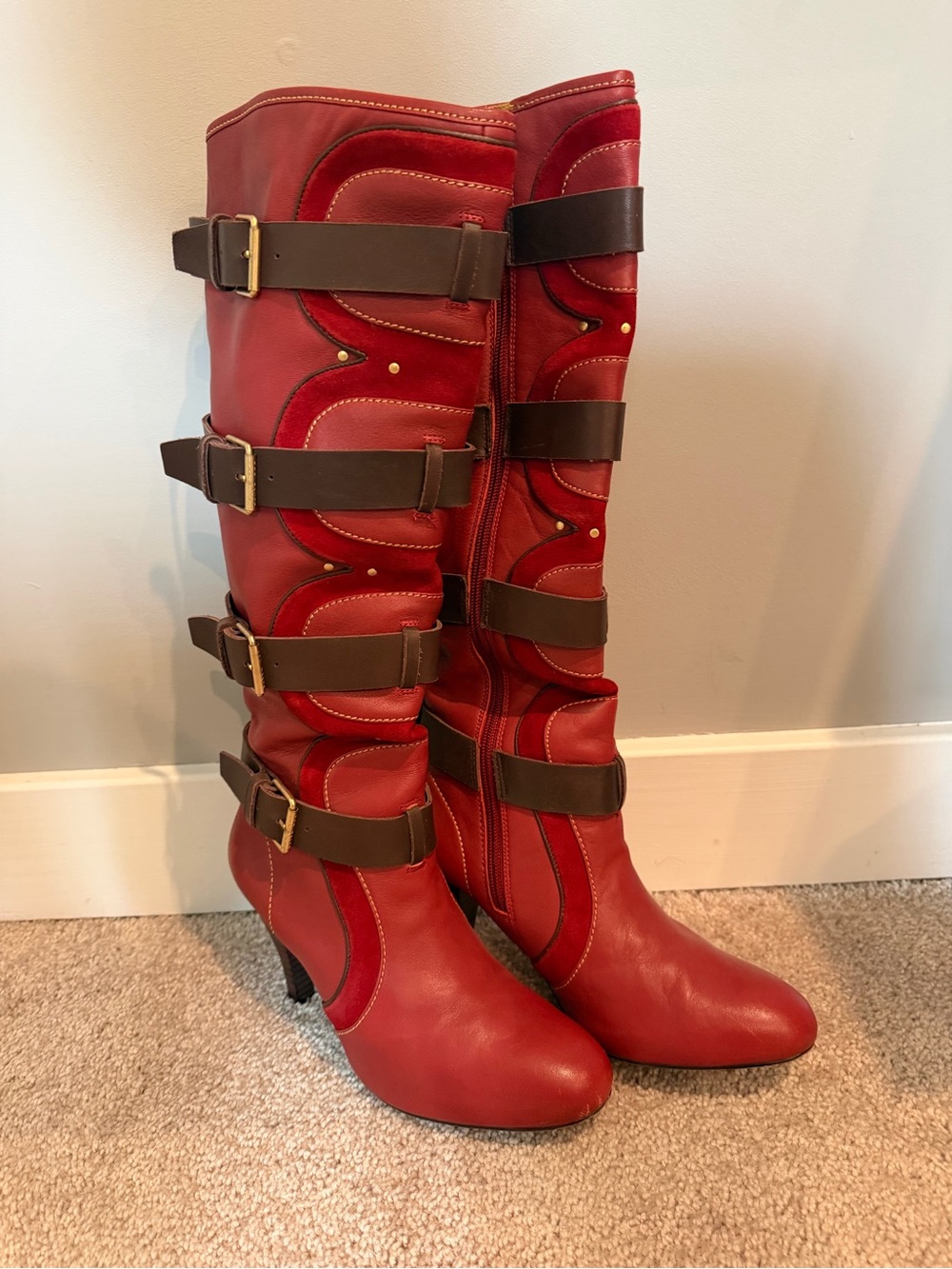 Ted Baker, Red Knee-High Buckle Boots - Women